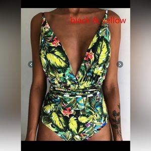 Two bathing suits-long tie for many neckline options. Backless and high-waisted.